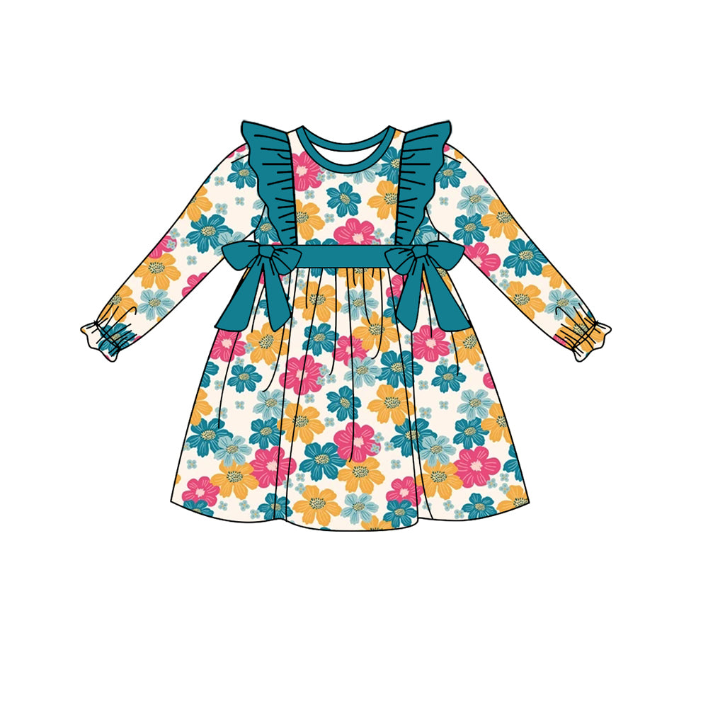 MOQ:5  Blue Floral Girl Long Sleeve Wholesale Boutique Kid Clothing Kid Dresses