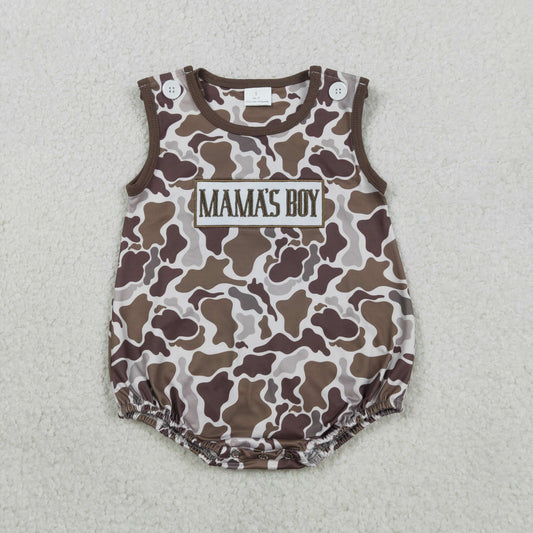 RTS Baby Kids Sleeveless Embroidery Mama's Boy Brown Camo Bubble Summer Romper