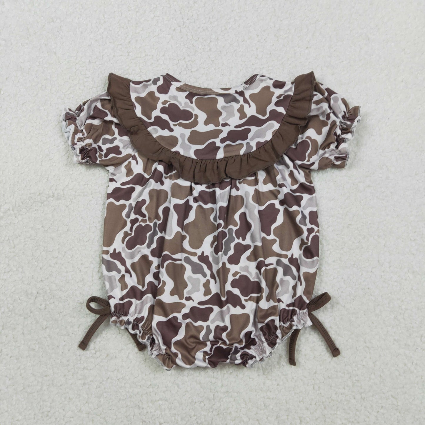 Baby Girls Kids Embroidery Smocked Mama's Bestie Brown Camo Bows Bubble Romper RTS