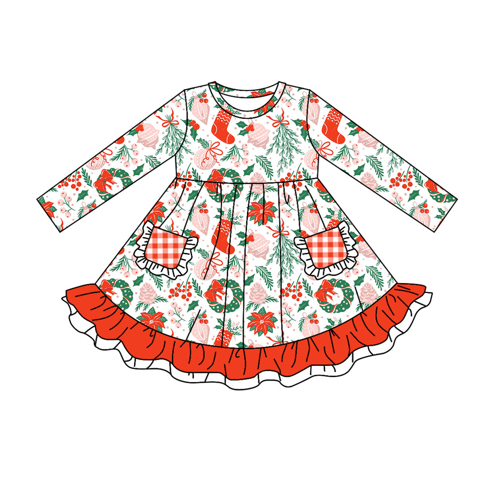 MOQ:5  Cute Christmas Girl Long Sleeve Wholesale Boutique Kid Clothing Kid Dresses