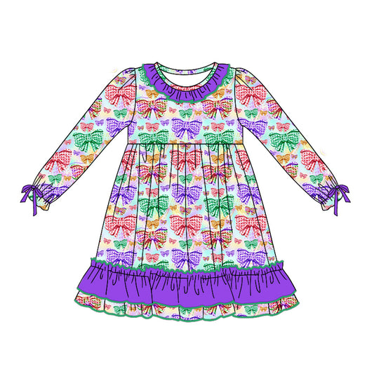 MOQ:5 Cute Dark Purple Long Sleeve Wholesale Boutique Kid Clothing Kid Dresses