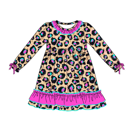 MOQ:5 Cute Leopard Girls Long Sleeve Wholesale Boutique Kid Clothing Kid Dresses