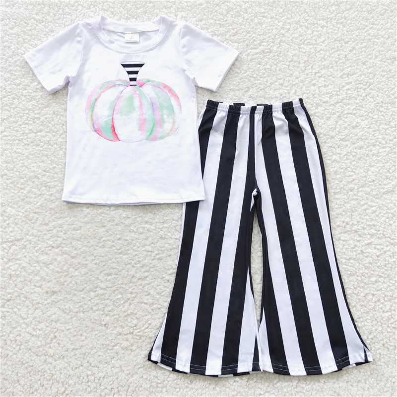 A7-5 Pumpkin White Short Sleeve Top Striped Pants Set