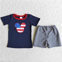RTS NO MOQ Baby Boys kids Summer sets D9-16 Dark blue plaid pants suit