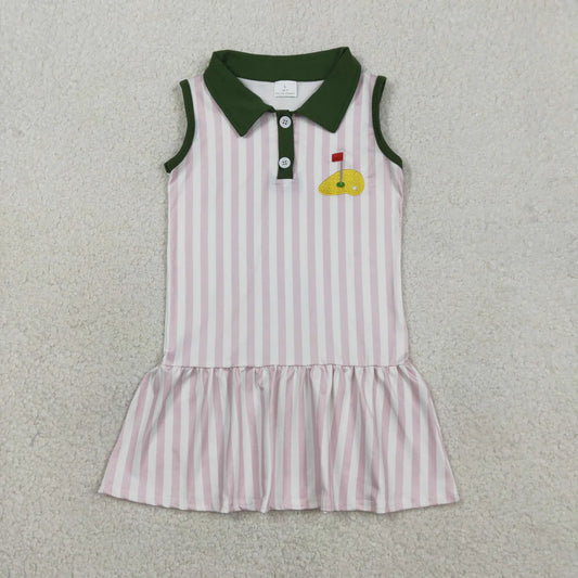RTS Baby Girls Sleeveless Pink Stripes Embroidery Golf Knee Length Buttons Dress