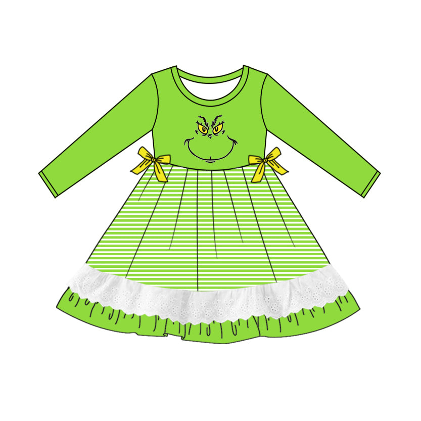 MOQ:5 Green Cute Girls Long Sleeve Wholesale Boutique Kid Clothing Kid Dresses