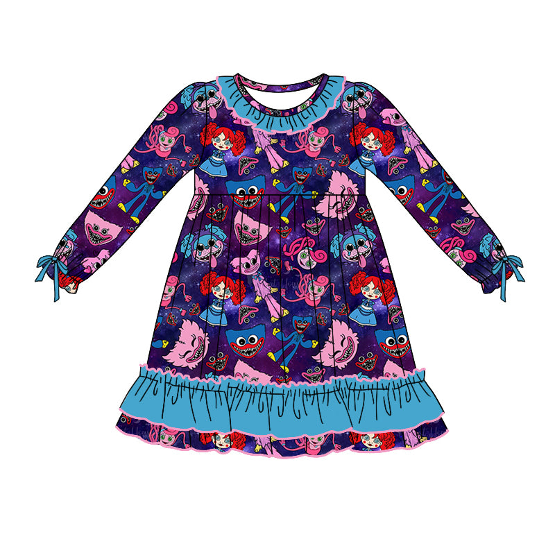 MOQ:5 Blue Girls Long Sleeve Wholesale Boutique Kid Clothing Kid Dresses