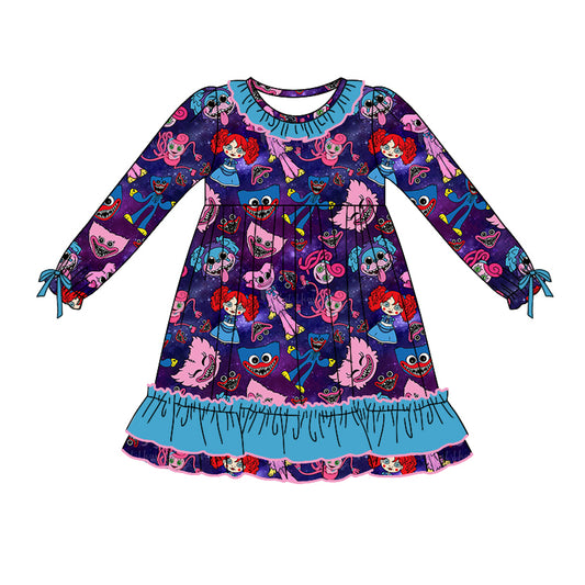 MOQ:5 Blue Girls Long Sleeve Wholesale Boutique Kid Clothing Kid Dresses