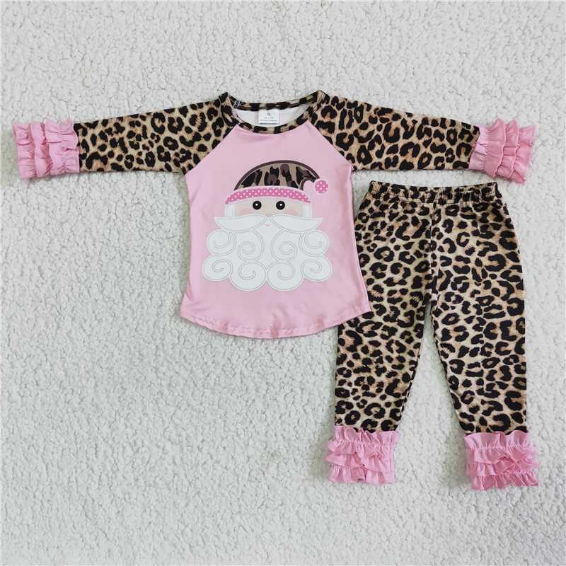 6 A22-12 Cute Santa Claus Pink Top Cheetah Leggings Set