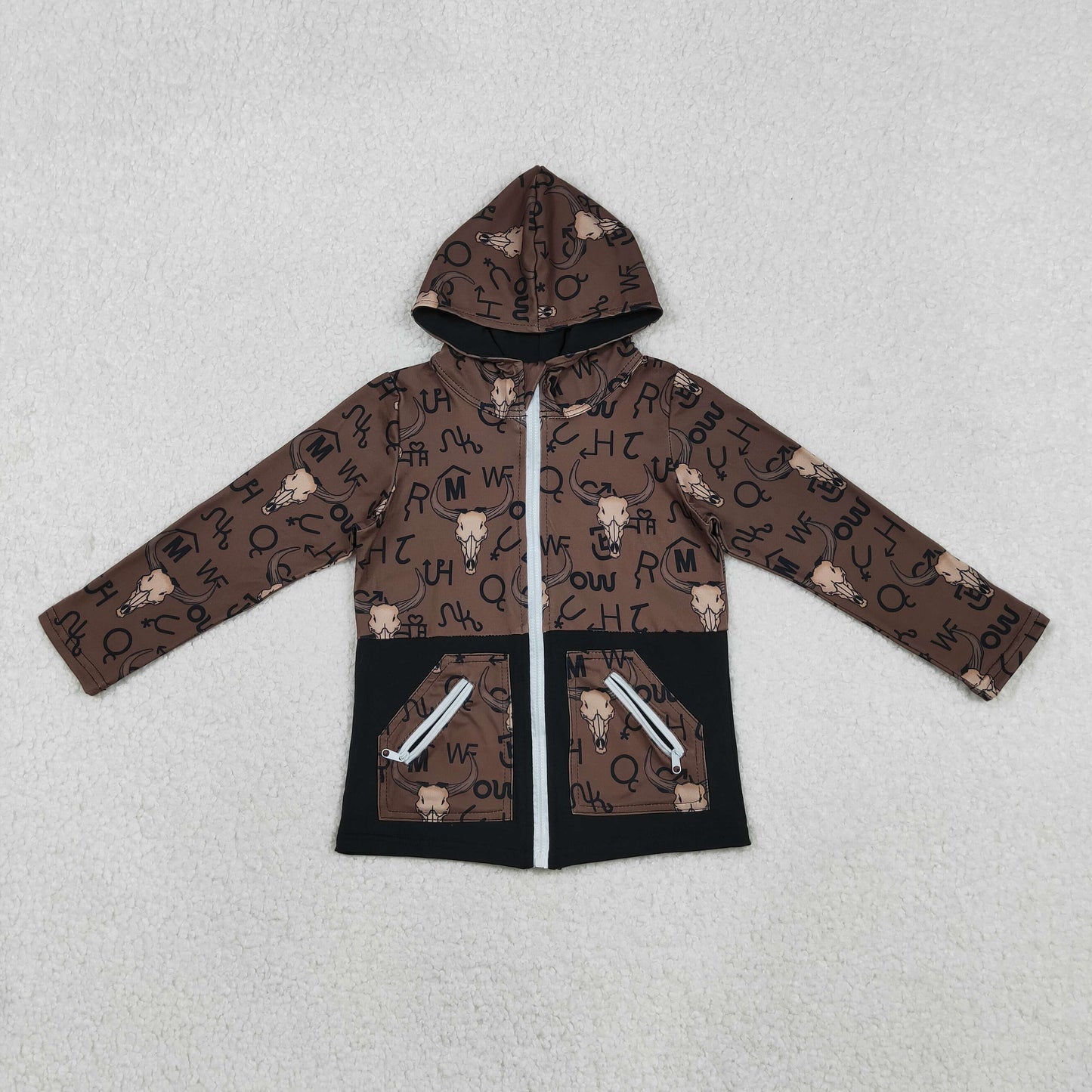 RTS Kids Boy Long Sleeves Western Cow Aztec Hoodie Zipper Pockets Shirt