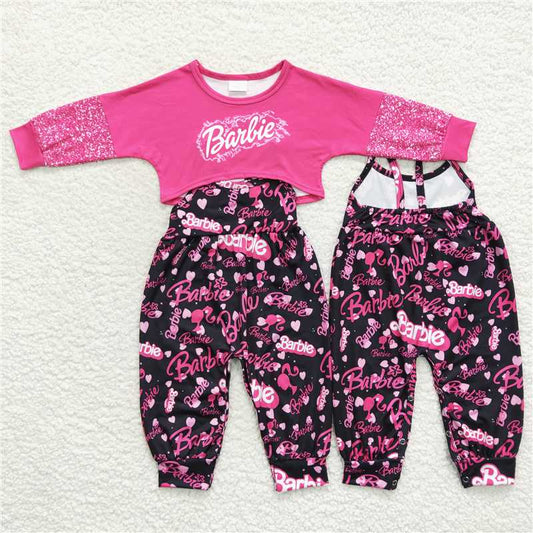 GLP0685 Kids Girls Hot Pink Black Jumpsuit and Top Set