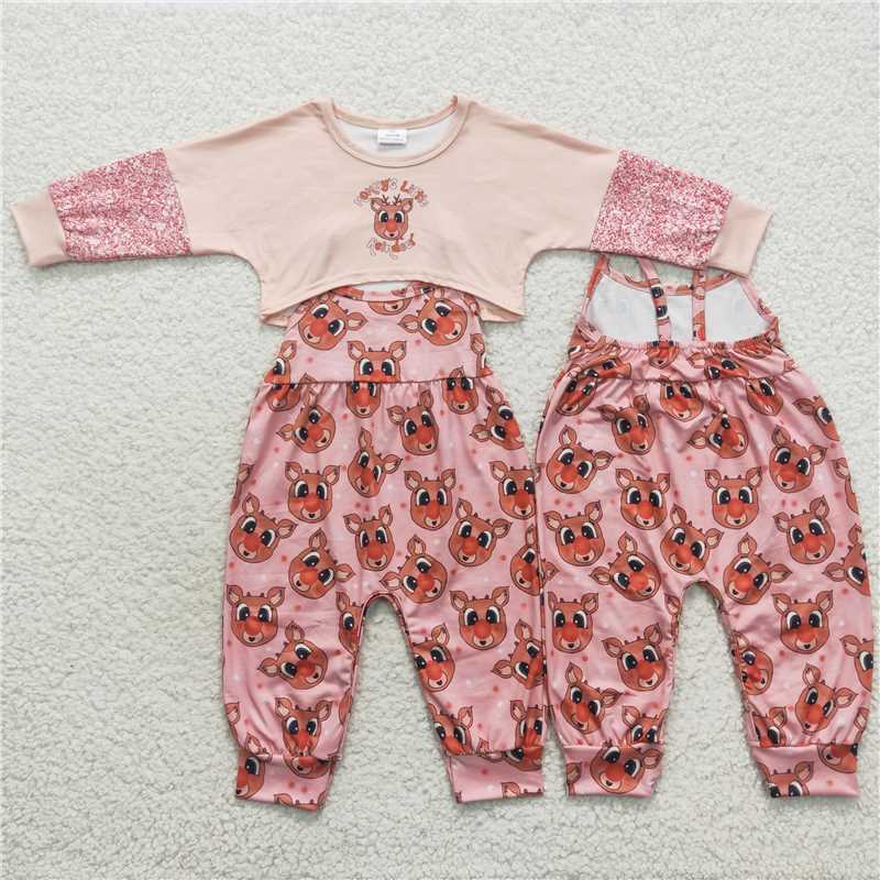 GLP0688 Baby Girls Cute Deer Jumpsuit and Top 2pcs Set