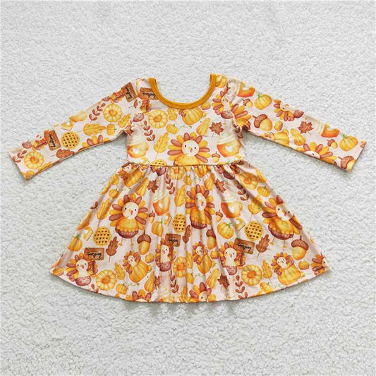 7.5 RTS NO MOQ Baby Girls Long Sleeve GLD0344 Pumpkin Turkey Thanksgiving Fall Knee Length Ruffle Dresses