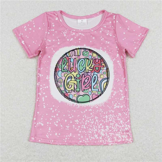 5.20 RTS NO MOQ Summer Baby Girls Short Sleeve GT0375 Lucky Girl Short Sleeve Pink St Patrick Day Shirt Tops