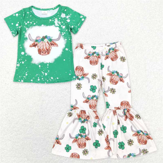 7.14 RTS NO MOQ Baby Girls Summer Kids Sets GSPO1180 St Patrick Highland Cow Top Bell Pants Clothes Sets