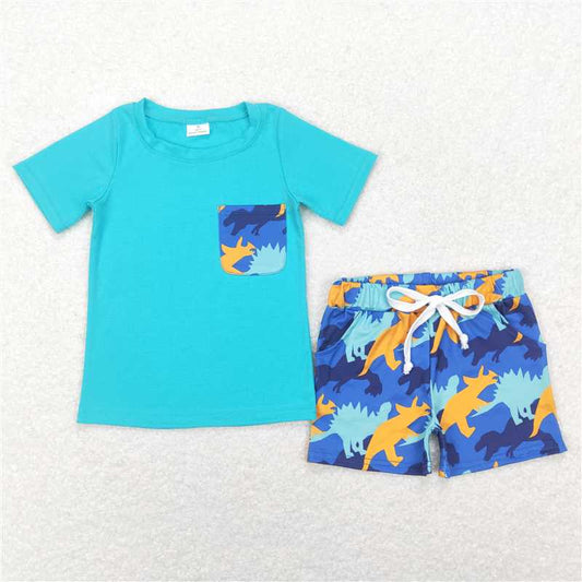 RTS NO MOQ Baby Boys kids Summer Sets BSSO0444 Pocket Tee Shirts Dinosaurs Summer Shorts Clothes Sets