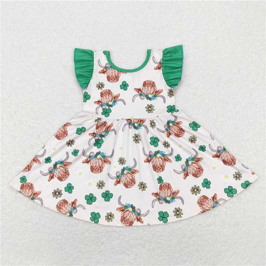 8.1 RTS NO MOQ Summer Baby Girls Dresses GSD0647 St Patrick Day Highland Cow Knee Length Dresses