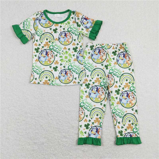 7.14 RTS NO MOQ Baby Girls Summer Kids Sets SPO1112 Lucky Charm Dogs Short Sleeve Top Ruffle Pants St Patrick Day Clothes Sets
