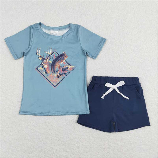 RTS NO MOQ Baby Boys kids Summer Sets BSSO0315 Deer Fish Hunting Shirt Shorts Clothes Sets