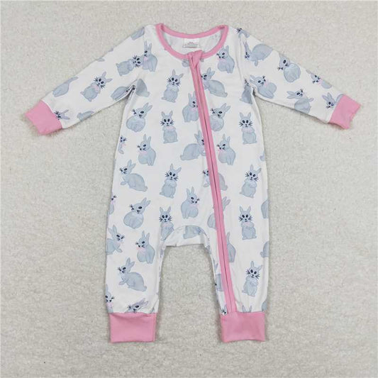 7.26 RTS NO MOQ Baby Girls Bodysuit LR0836 Easter Rabbits Pink Zip Rompers