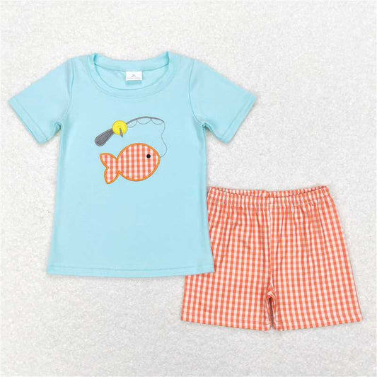 RTS NO MOQ Baby Boys kids Summer Sets BSSO0288 Fishing Tee Orange Gingham Summer Shorts Clothes Sets