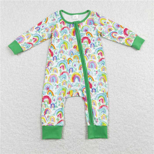 7.7 RTS NO MOQ Baby Boys Bodysuit LR0883 Green Rainbow St Patrick Day Long Sleeve Rompers