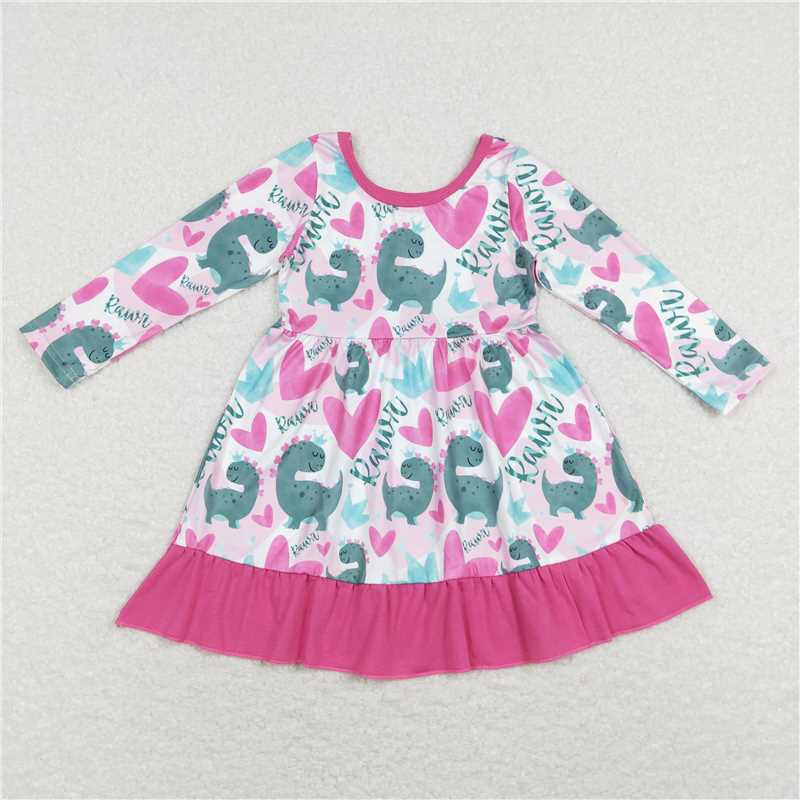 6.13 RTS NO MOQ Baby Girls Long Sleeve GLD0491 Valentines Pink Hearts Dinosaurs Knee Length Dresses