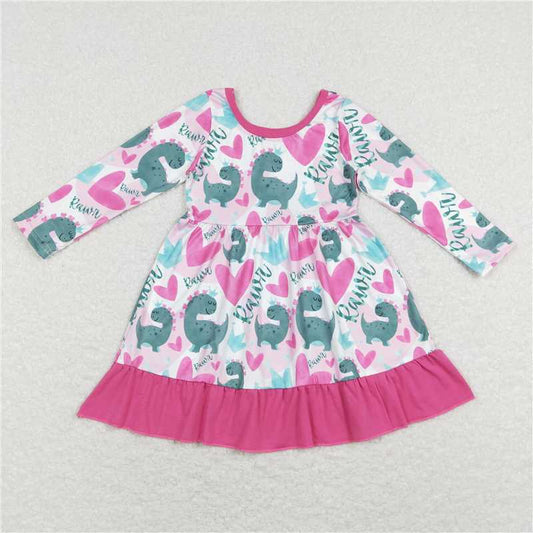 6.13 RTS NO MOQ Baby Girls Long Sleeve GLD0491 Valentines Pink Hearts Dinosaurs Knee Length Dresses
