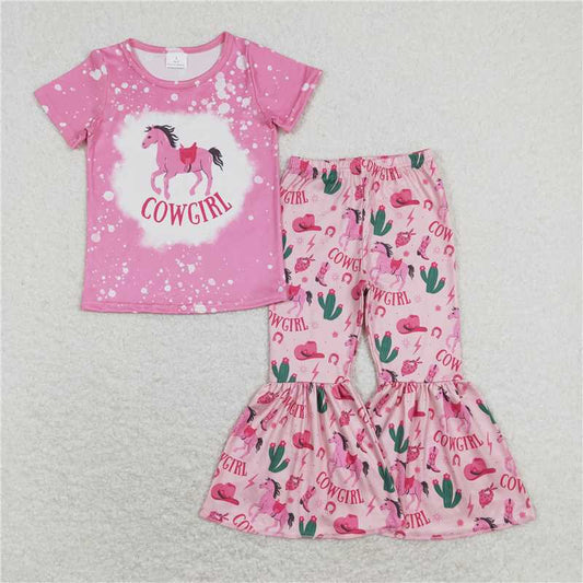 7.14 RTS NO MOQ Baby Girls Summer Kids Sets GSPO1238 Western Cowgirl Horse Top Cactus Bell Pants Clothes Sets