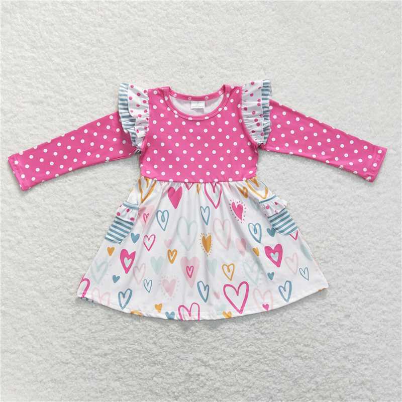 6.13 RTS NO MOQ Baby Girls Long Sleeve GLD0489 Valentines Pink Dots Long Sleeve Hearts Knee Length Dresses