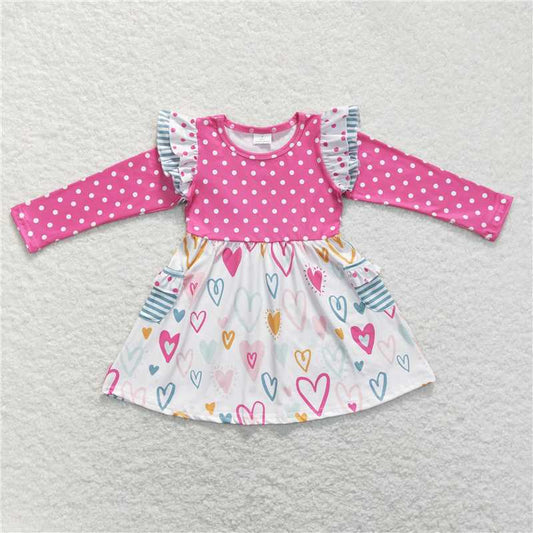 6.13 RTS NO MOQ Baby Girls Long Sleeve GLD0489 Valentines Pink Dots Long Sleeve Hearts Knee Length Dresses
