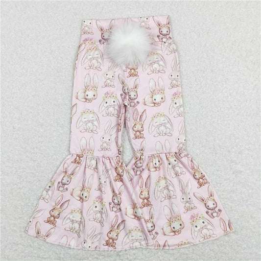 RTS NO MOQ Baby Girls Long Pants P0387 Pink Easter Rabbit Flare Bell Bottom Pants