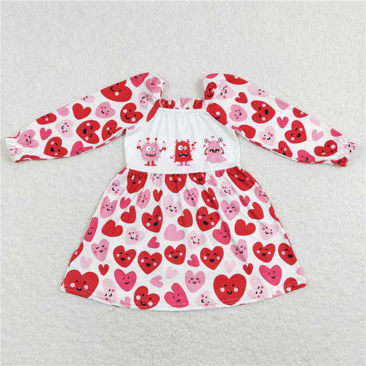 6.13 RTS NO MOQ Baby Girls Long Sleeve GLD0498 Valentines Monster Long Sleeve Red Knee Length Dresses