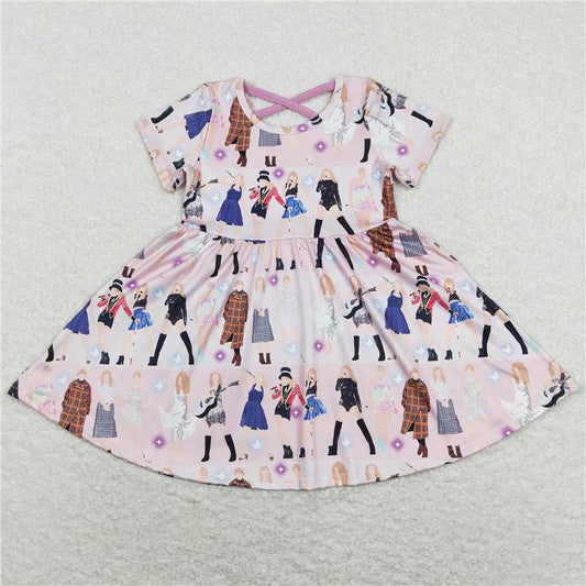 Hot Sale Kids Girls Cute Singer Pink Short Sleeve Twirl Dress