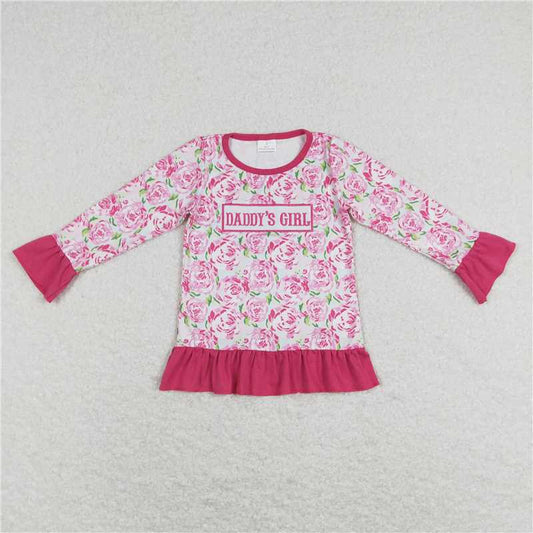 5.22 RTS NO MOQ Baby Girls Long Sleeve GT0402 Pink Rose Flowers Daddy's Girl Long Sleeve Ruffle Shirts Tops