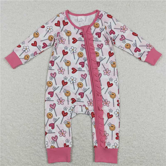 7.26 RTS NO MOQ Baby Girls Bodysuit LR0884 Valentines Flowers Hearts Long Sleeve Zip Rompers