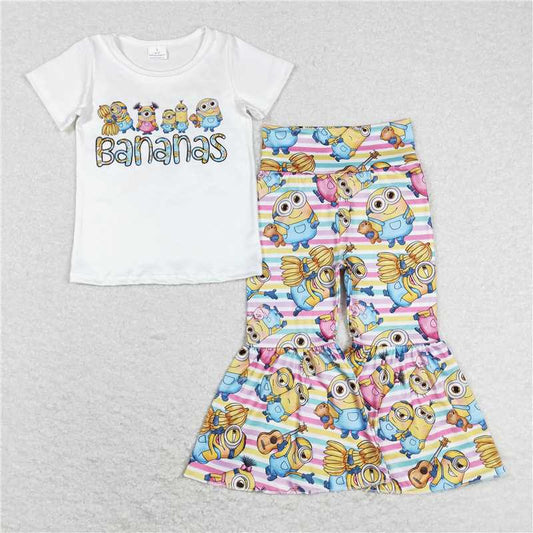 7.14 RTS NO MOQ Baby Girls Summer Kids Sets GSPO1188 Short Sleeve Bananas Animals Shirt Bell Pants Clothes Sets