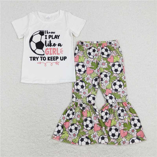 7.14 RTS NO MOQ Baby Girls Summer Kids Sets GSPO1263 White Soccer Tee Shirt Top Bell Pants Clothes Sets