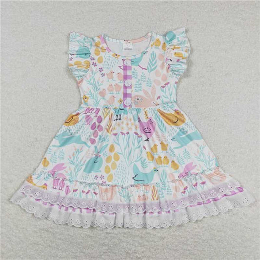 8.1 RTS NO MOQ Summer Baby Girls Dresses GSD0701 Easter Chicken Rabbits Ruffle Knee Length Dresses