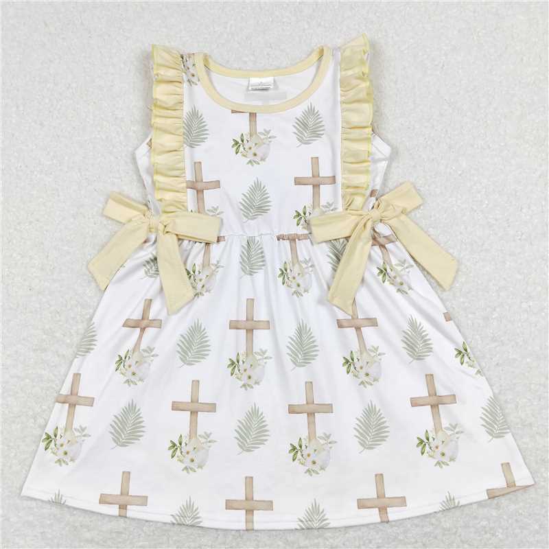 8.1 RTS NO MOQ Summer Baby Girls Dresses GSD0571 Cross Easter Flowers Bows Knee Length Dresses