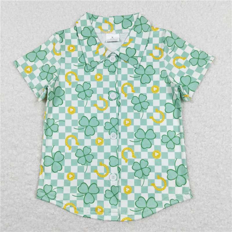 7.17 RTS NO MOQ Summer Baby Boys Shirt BT0543 Green Checkered Quatrefoil St Patrick Days Buttons Tee Shirts