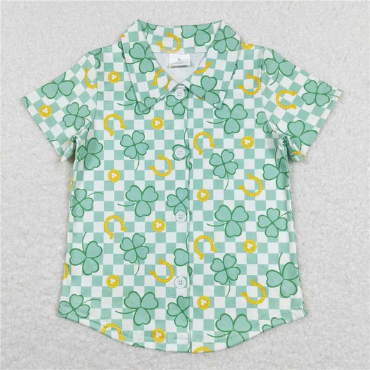 7.17 RTS NO MOQ Summer Baby Boys Shirt BT0543 Green Checkered Quatrefoil St Patrick Days Buttons Tee Shirts