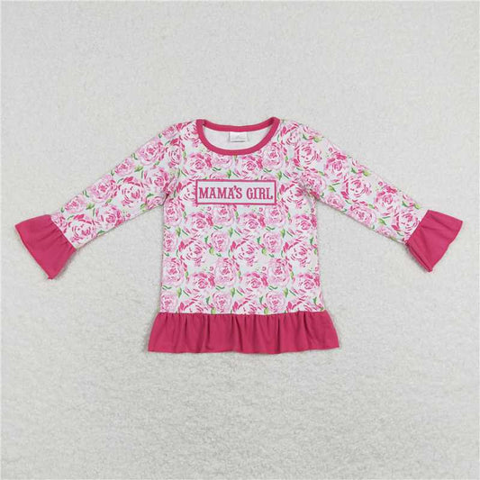 5.22 RTS NO MOQ Baby Girls Long Sleeve GT0403 Mama's Girl Pink Rose Flowers Ruffle Tee Shirts Tops