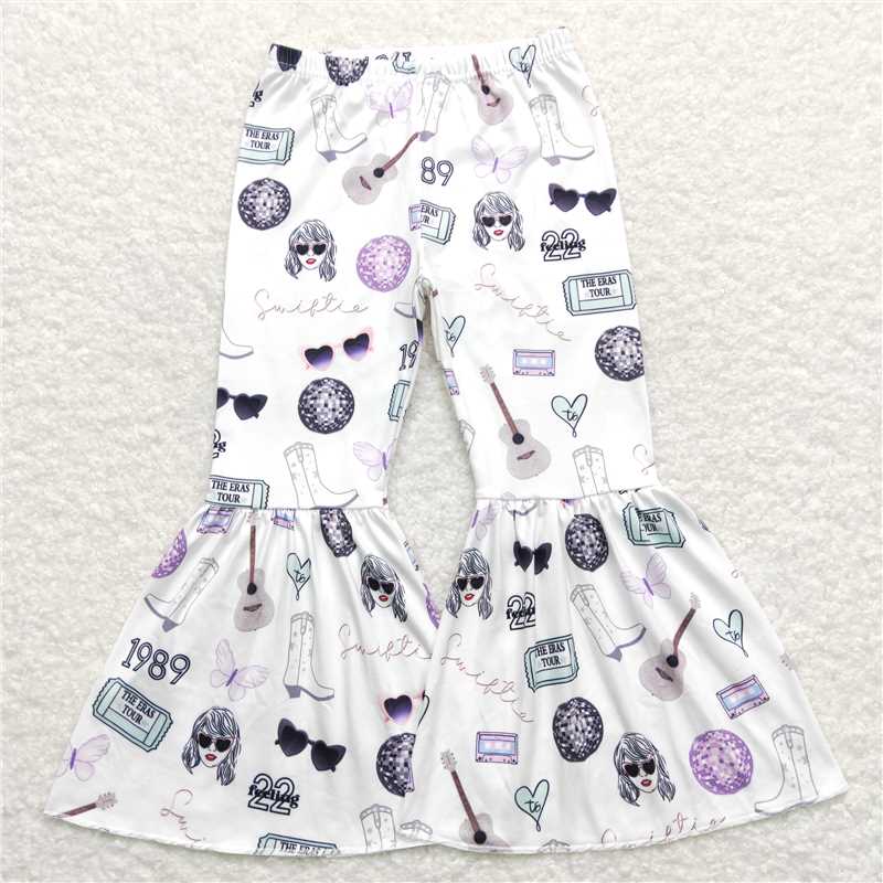 RTS NO MOQ Baby Girls Long Pants P0415 White Heart Singer Bell Bottom Flare Pants