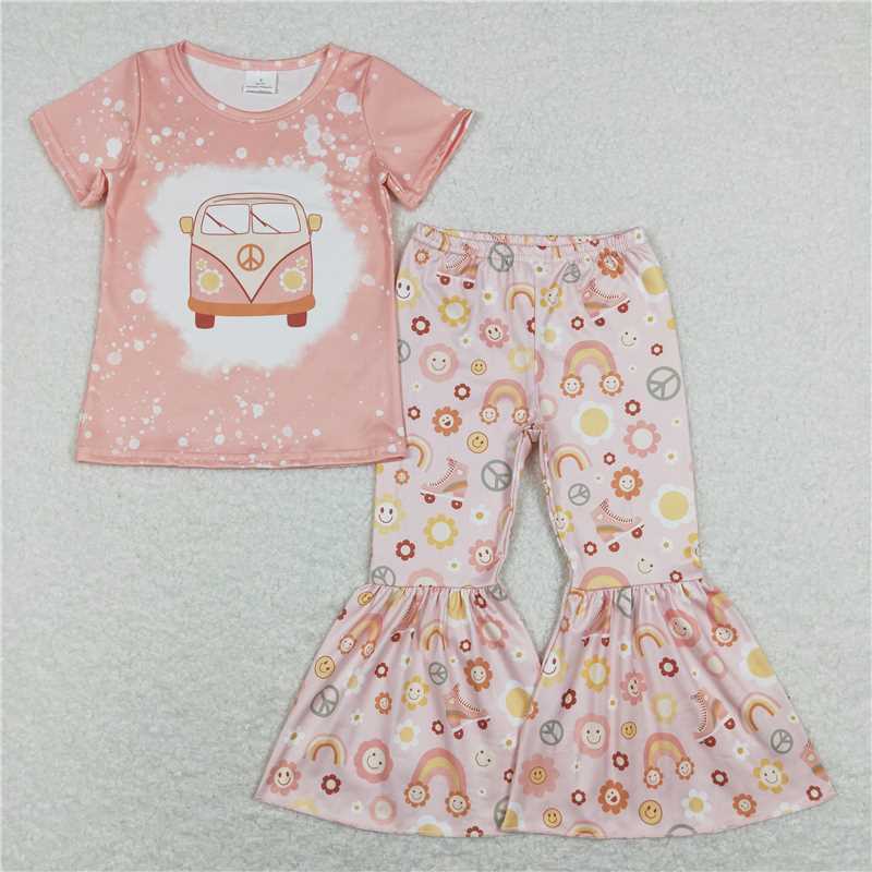 7.14 RTS NO MOQ Baby Girls Summer Kids Sets GSPO1243 Peace Van Shirts Flowers Bell Pants Clothes Sets