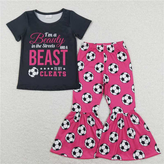 7.14 RTS NO MOQ Baby Girls Summer Kids Sets GSPO1262 Black Soccer Tee Shirt Top Pink Bell Pants Clothes Sets