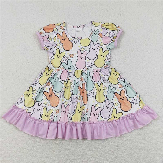 8.1 RTS NO MOQ Summer Baby Girls Dresses GSD0705 Lavender Ruffle Colorful Easter Rabbits Twirl Dresses