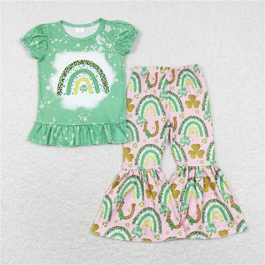 7.14 RTS NO MOQ Baby Girls Summer Kids Sets GSPO1234 St Patrick Day Rainbow Shirt Bell Pants Outfits Clothes Sets