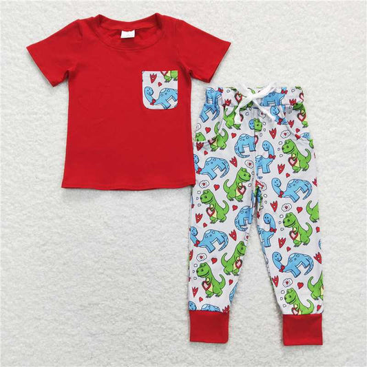 5.27 RTS NO MOQ Baby Boys Summer Sets BSPO0235 Valentines Dinosaurs Pocket Tee Tops Pants Clothes Sets