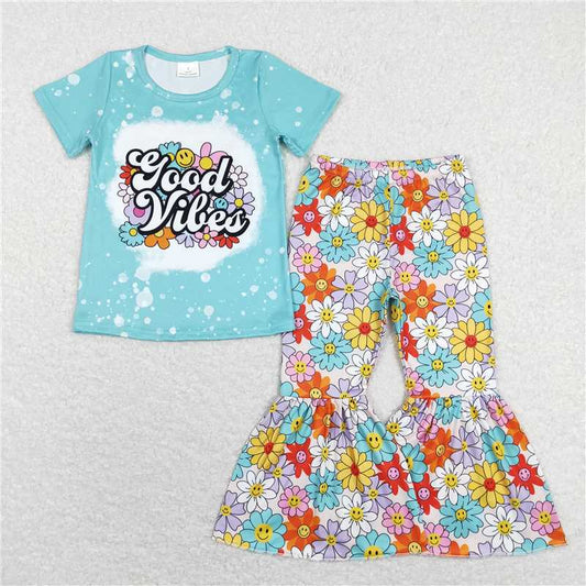 7.14 RTS NO MOQ Baby Girls Summer Kids Sets GSPO1239 Blue Good Top Flowers Bell Pants Clothes Sets